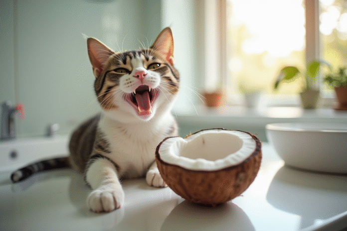 Chat domestique sur le lavabo avec huile de coco