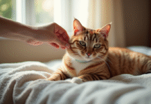 Chat brun et blanc sur un coussin dans un salon lumineux