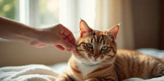 Chat brun et blanc sur un coussin dans un salon lumineux