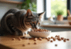 Chat gris sniffant une nourriture humide sur une table moderne