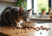 Chat gris sniffant une nourriture humide sur une table moderne