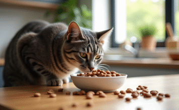 Chat : comment faire manger de la nourriture humide spéciale ? Chat gris sniffant une nourriture humide sur une table moderne