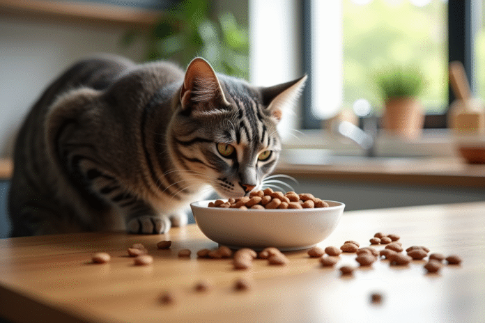 Chat gris sniffant une nourriture humide sur une table moderne