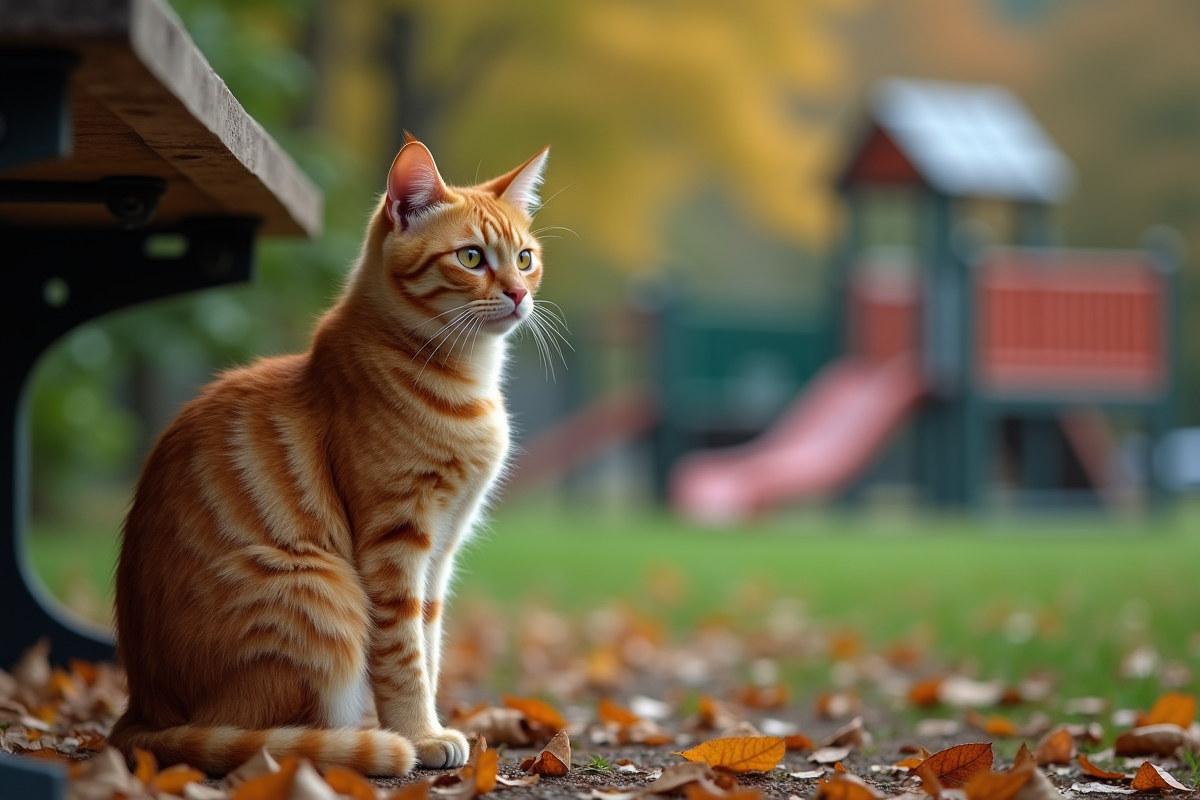 Chat roux seul sous un banc dans un parc en automne