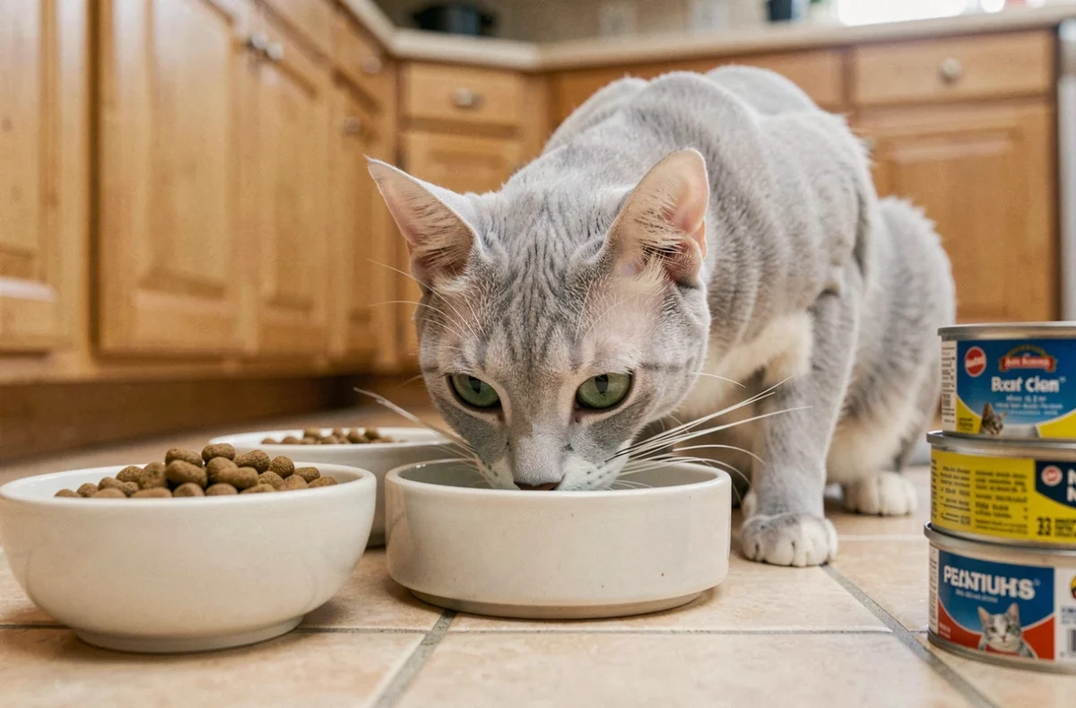 Chat Korat inspectant ses gamelles de nourriture dans une cuisine domestique, représentant le coût alimentaire mensuel du chat Korat