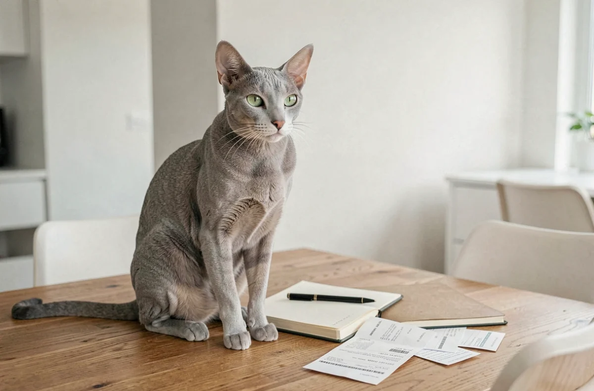 Chat Korat à la robe bleu argentée assis sur une table avec un carnet de budget et des reçus pour illustrer les dépenses mensuelles
