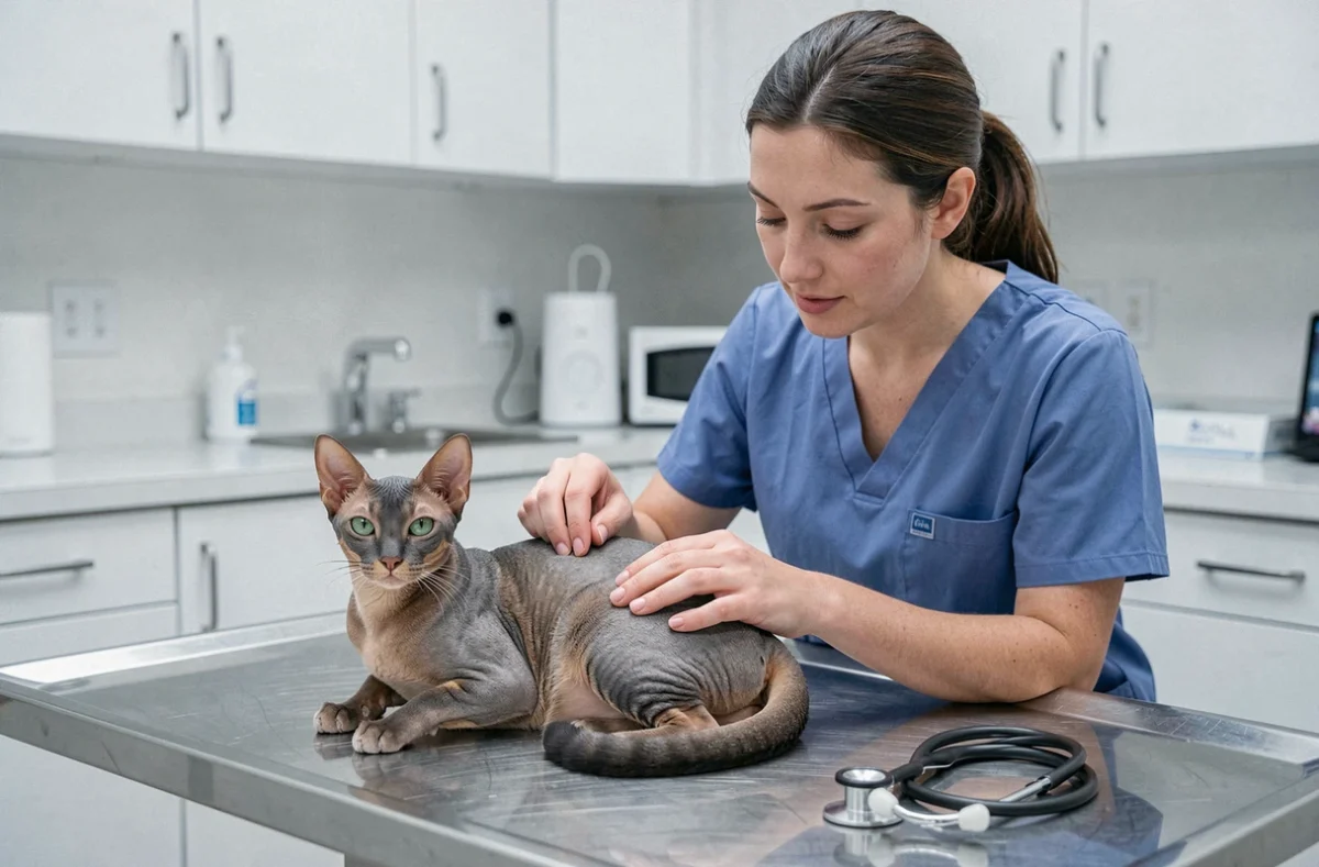 Vétérinaire examinant un chat Korat en clinique vétérinaire, illustrant les frais de santé annuels pour ce félin