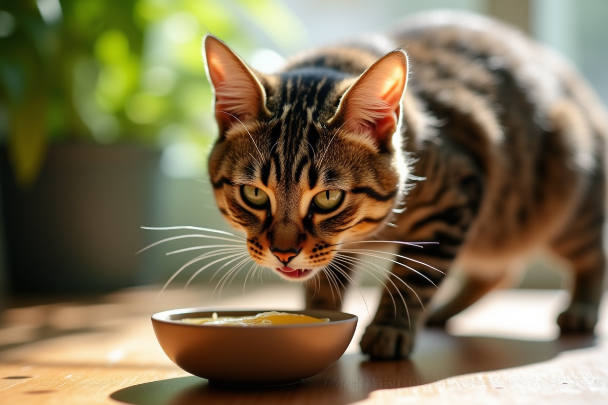 Chat tigré lèche un bol d huile de coco en gros plan
