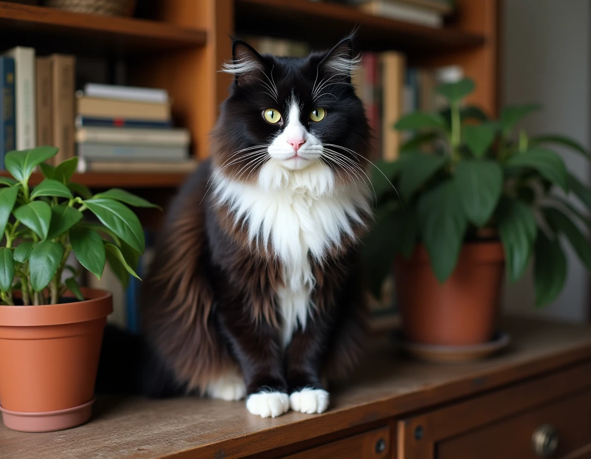 Chat des forêts norvégiennes aux poils longs noir et blanc perché sur une étagère en bois dans un salon décoré de plantes
