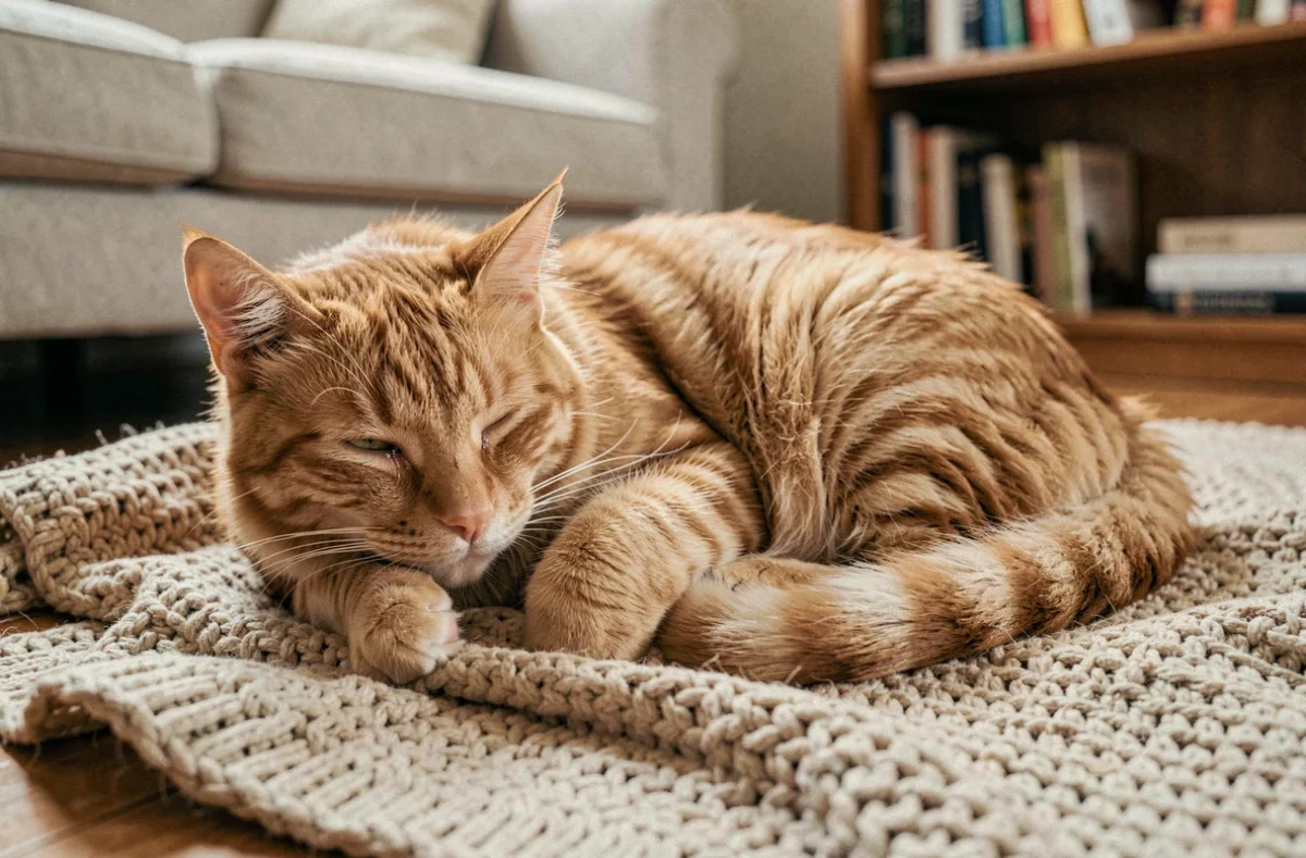Chat roux domestique au repos avec un œil fermé et larmoyant, possible signe d'ulcère cornéen en guérison