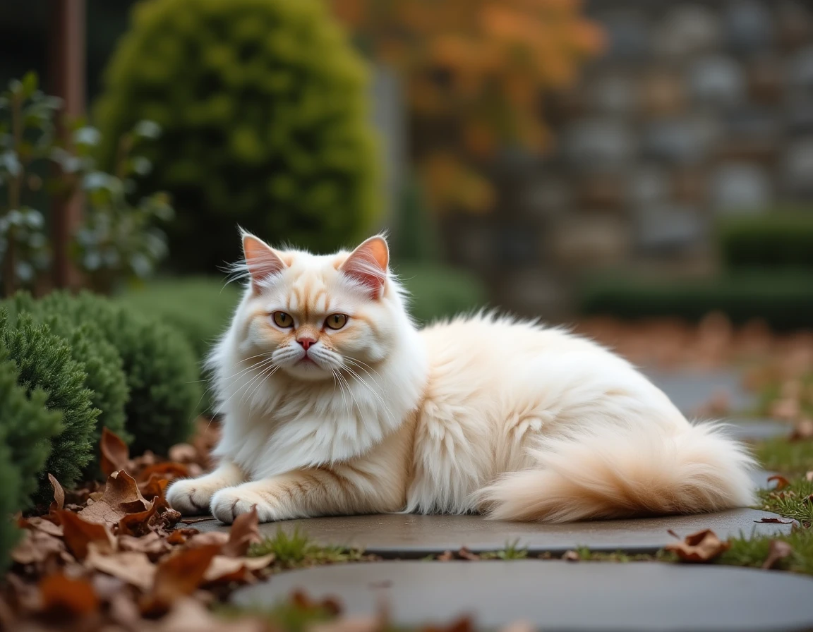 Chat Persan aux longs poils blancs allongé sur un chemin de jardin en pierre entouré de feuilles d'automne