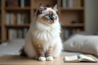 Chat sacré de Birmanie aux yeux bleus posé sur une table en bois avec un carnet ouvert, symbolisant la planification du budget pour l'adoption et la stérilisation
