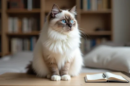 Chat sacré de Birmanie aux yeux bleus posé sur une table en bois avec un carnet ouvert, symbolisant la planification du budget pour l'adoption et la stérilisation