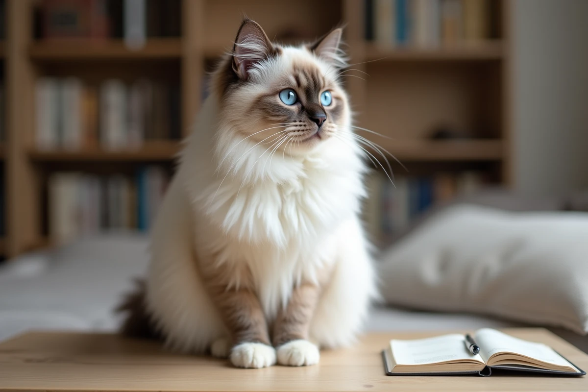 Chat sacré de Birmanie aux yeux bleus posé sur une table en bois avec un carnet ouvert, symbolisant la planification du budget pour l'adoption et la stérilisation