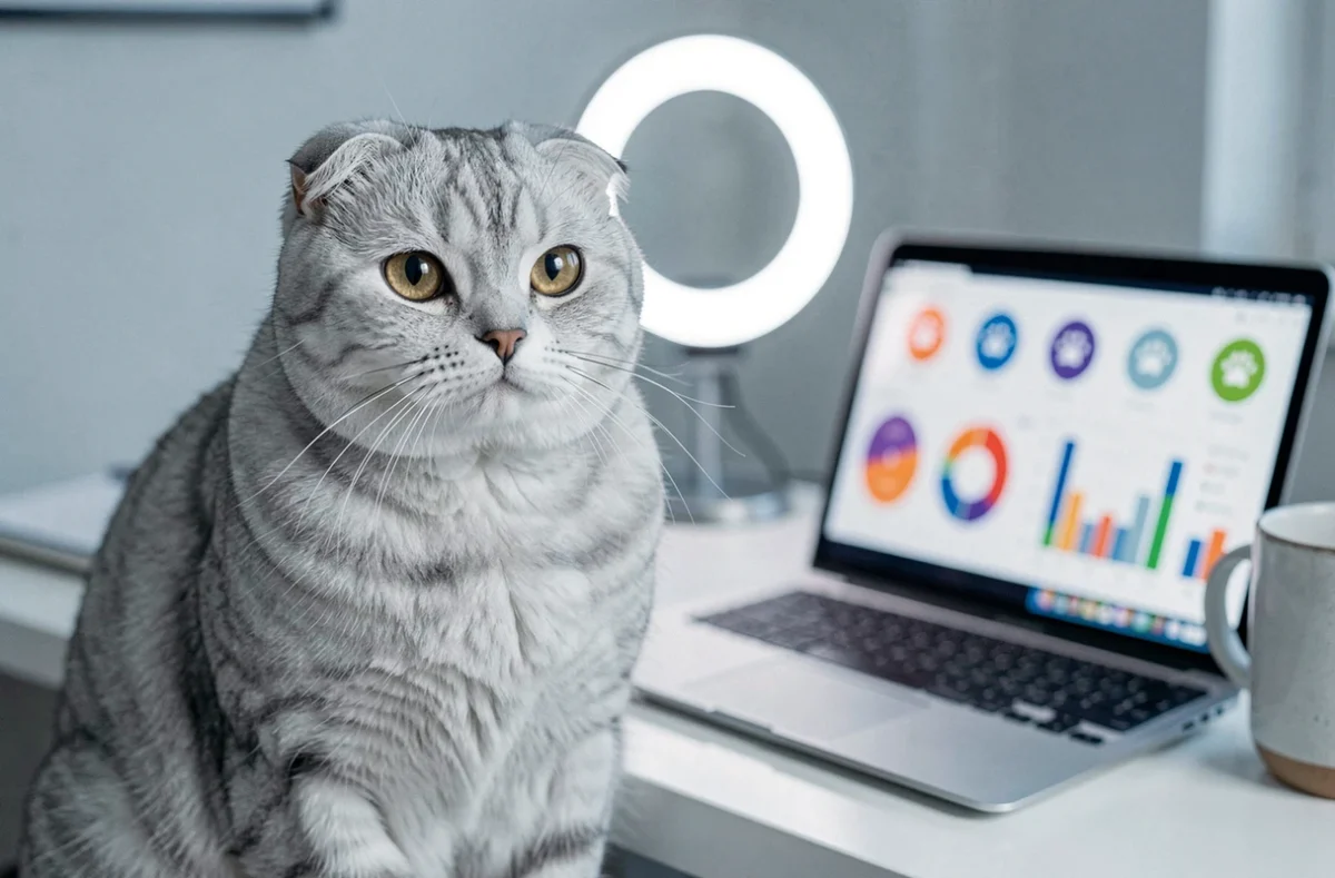 Chat Scottish Fold assis devant un tableau de bord analytique sur un ordinateur portable pour illustrer la gestion d'un compte félin en ligne