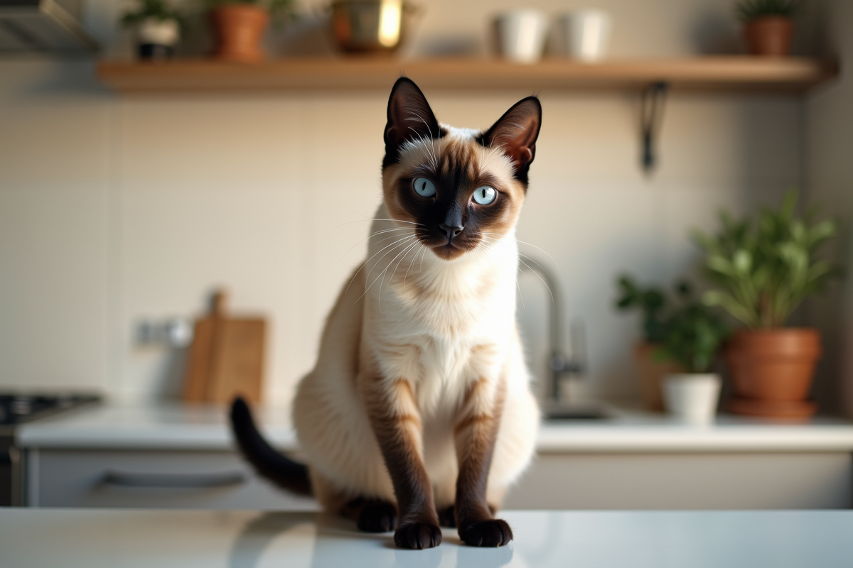 Chat siamois sur plan de travail de cuisine au matin