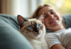 Chat siamois et personne souriante sur canapé lumineux