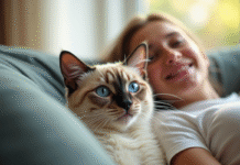 Chat siamois et personne souriante sur canapé lumineux