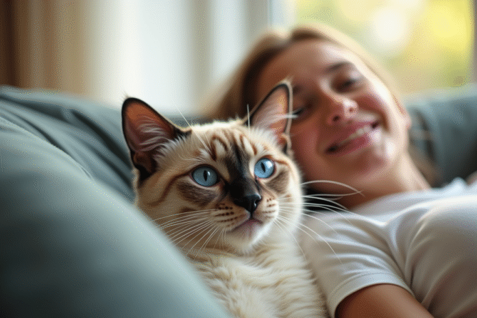 Chat siamois et personne souriante sur canapé lumineux
