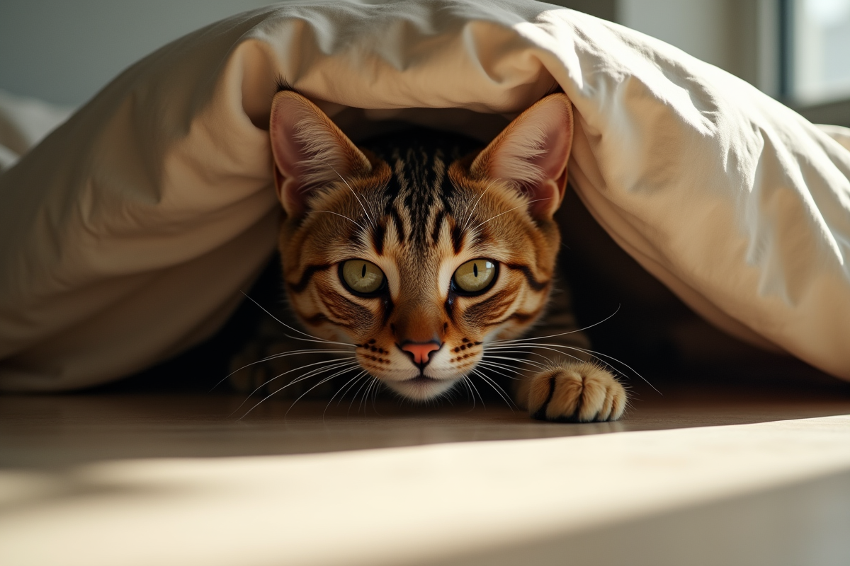 Chat tigré caché partiellement sous un lit dans une chambre ensoleillée