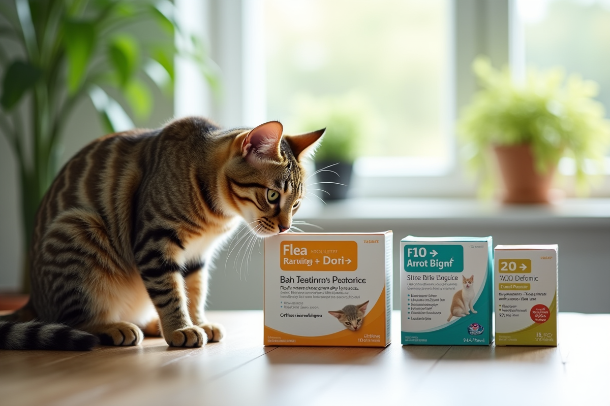 Chat tigré curieux près de produits antiparasitaires