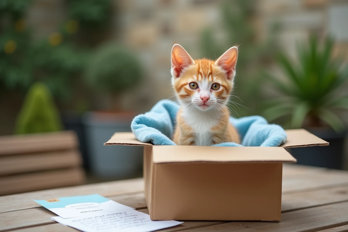 Chaton de 3 mois dans une boîte de transport avec carnet de santé et note manuscrite lors d'une remise sérieuse en Île-de-France