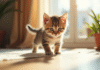 Chaton curieux aux yeux brillants dans un salon ensoleille