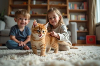 Chaton ginger avec enfants dans un salon chaleureux