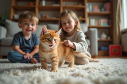 Chaton ginger avec enfants dans un salon chaleureux