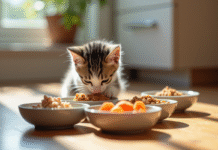 Chaton gris et blanc mangeant dans des bols en céramique