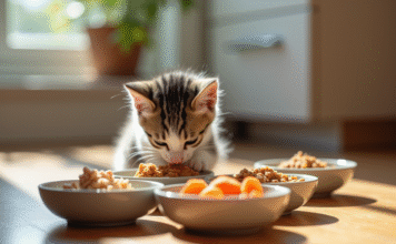 Comment diversifier l’alimentation d’un chaton ? Chaton gris et blanc mangeant dans des bols en céramique