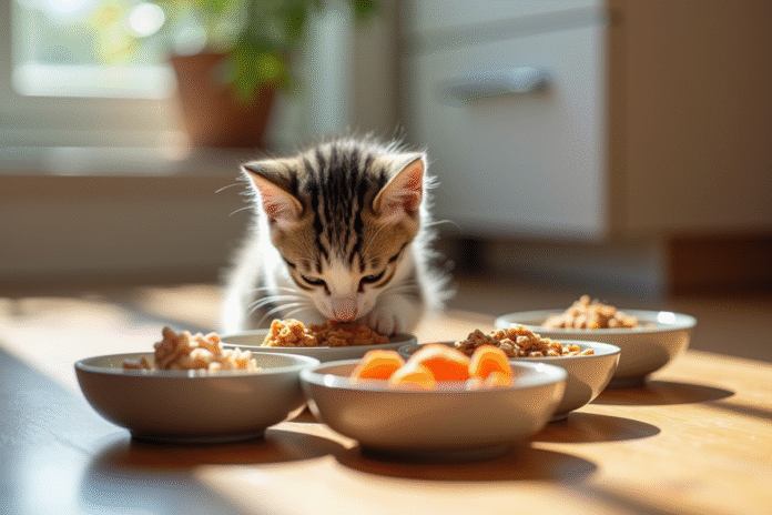 Chaton gris et blanc mangeant dans des bols en céramique
