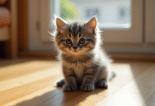 Chaton gris assis sur un sol en bois ensoleille