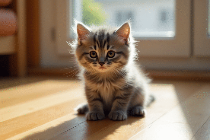 Chaton gris assis sur un sol en bois ensoleille