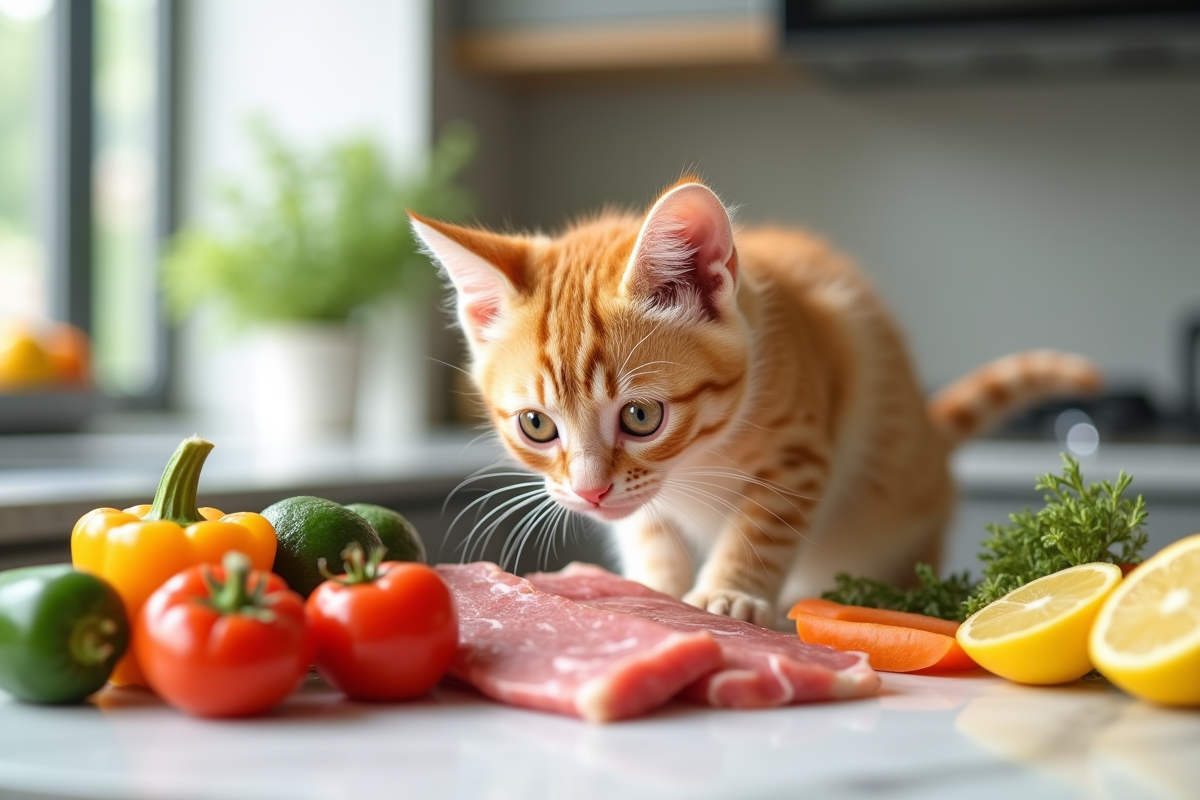 Chaton orange curieux sentant des légumes frais sur un plan de travail
