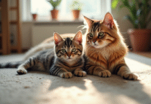 Jeune chaton tabby et chat persan détendus ensemble