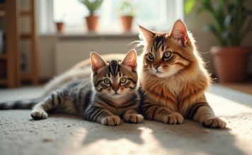 Assurance chat : comment choisir la meilleure formule selon l’âge et la race de son félin ? Jeune chaton tabby et chat persan détendus ensemble