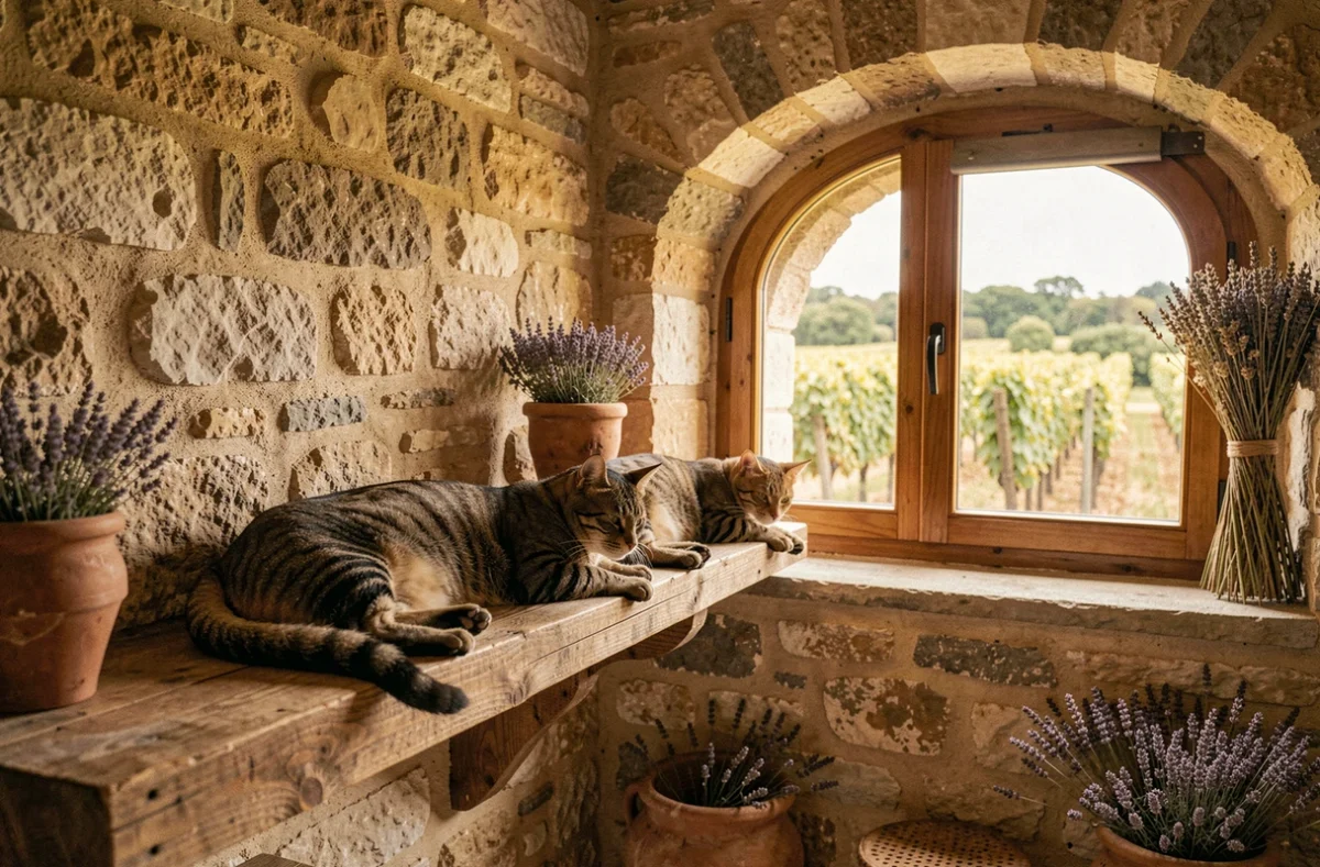 Deux chats tabby se reposant dans une pension inspirée du vignoble bordelais à la Chatterie des Graves