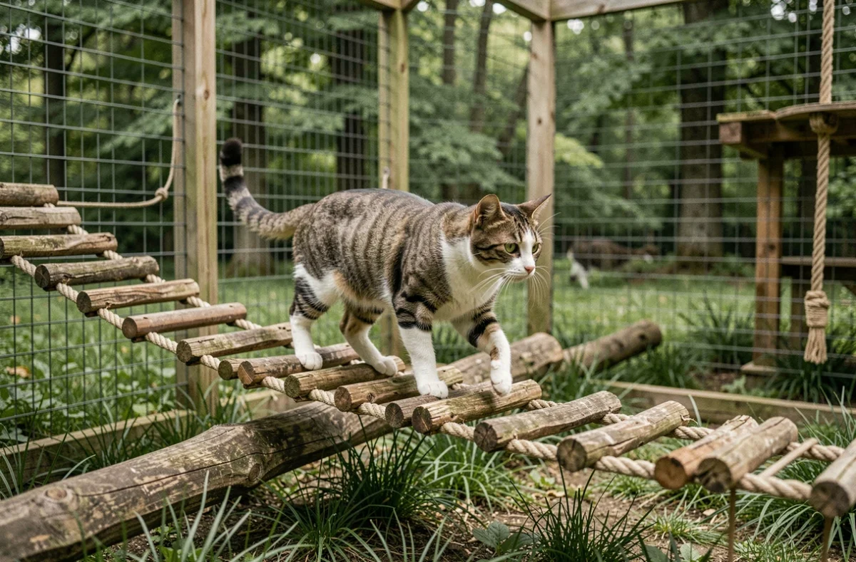 Un chat tigré explorant un enclos naturel en plein air au Chenil de la Conque en Gironde