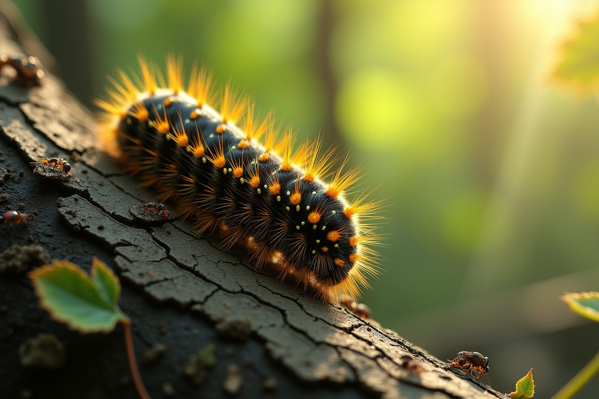 Gros plan d une chenille sur un arbre avec des fourmis