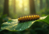 Chenille jaune et noire sur une feuille verte en forêt