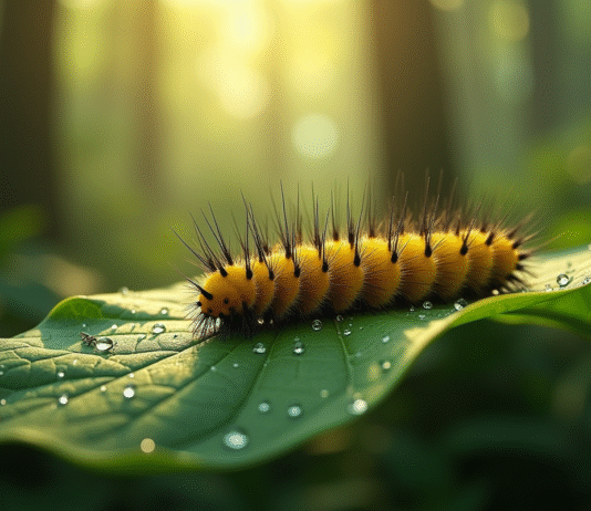 Chenille jaune et noire sur une feuille verte en forêt
