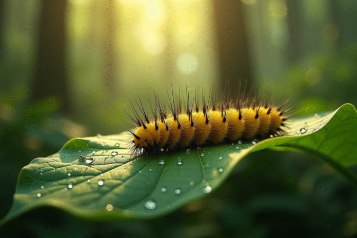 Chenille jaune et noire sur une feuille verte en forêt