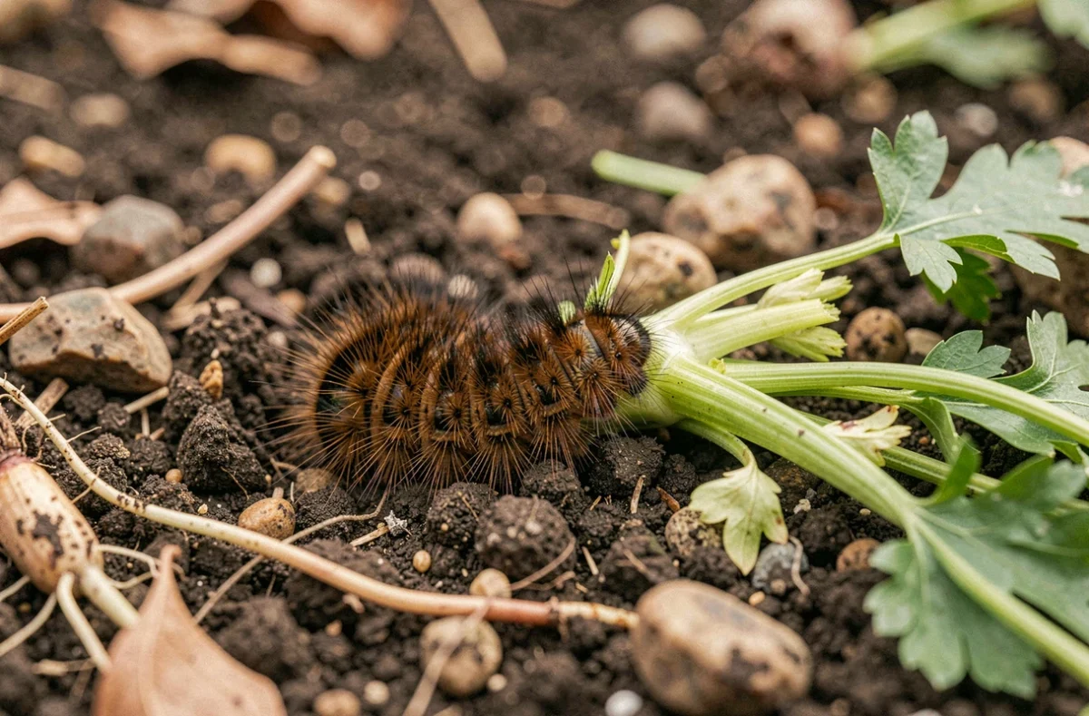 Chenille poilue brune et noire sur la terre d'un potager près de tiges de persil rongées