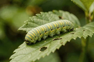 Chenille verte rayée jaune grignotant une feuille de jardin avec des traces de morsures visibles