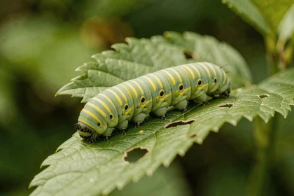 Chenille verte rayée jaune grignotant une feuille de jardin avec des traces de morsures visibles