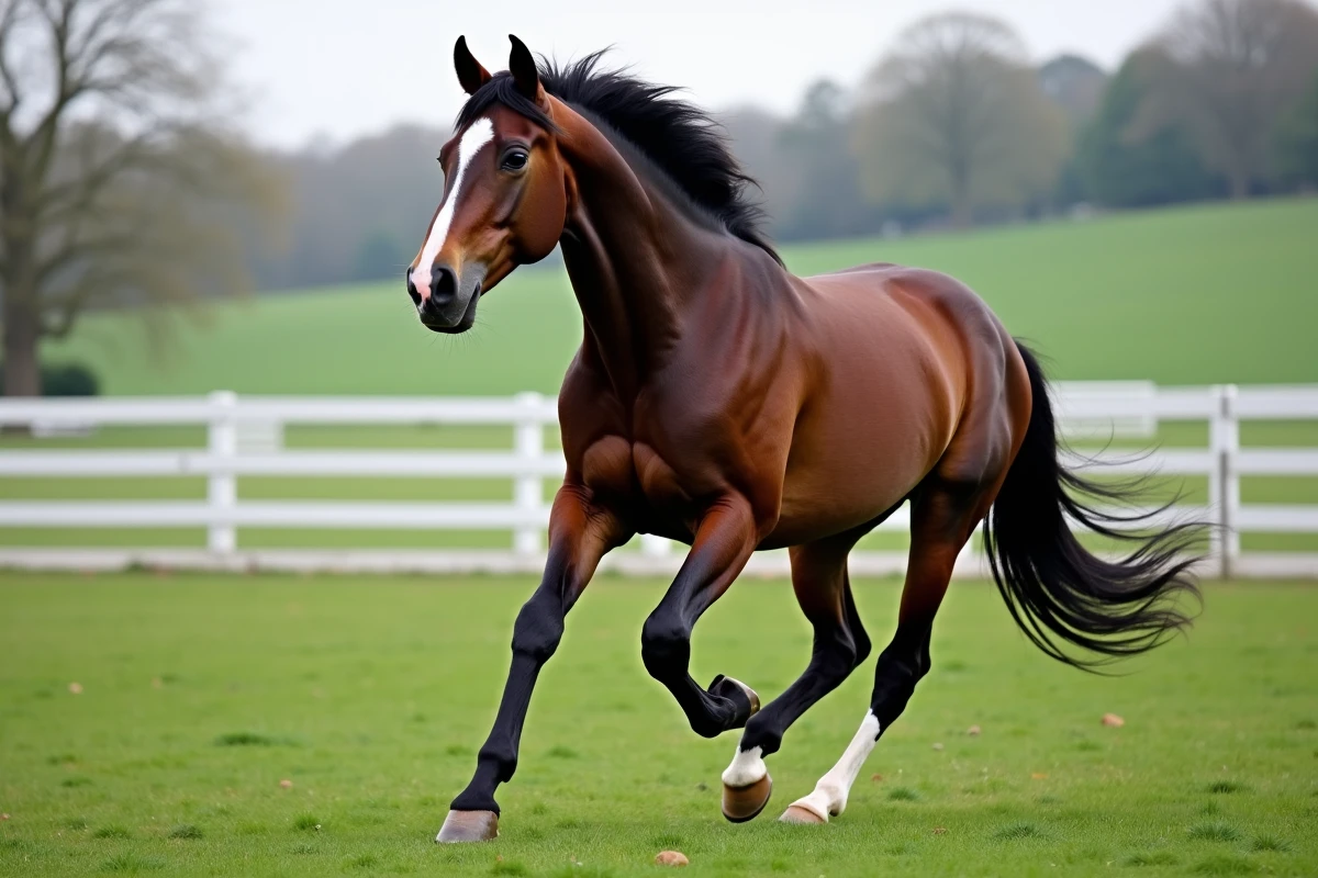 Cheval de sport bay de 15 ans au trot dans un pré, musculature visible et robe brillante, évaluation condition physique