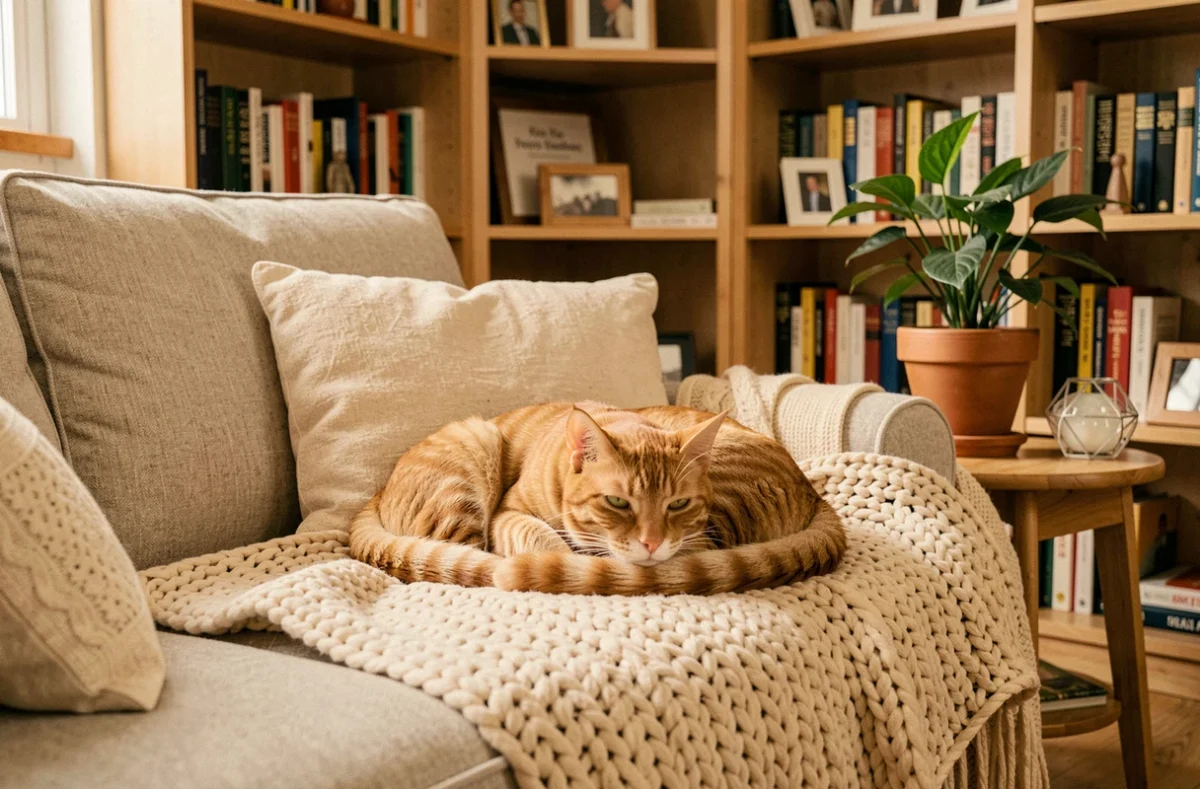 Un chat roux tabby lové sur une couverture tricotée dans l'atmosphère chaleureuse et familiale de Chez Flo