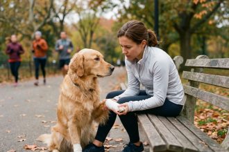 Femme agenouillée soignant la patte bandée de son golden retriever dans un parc en automne