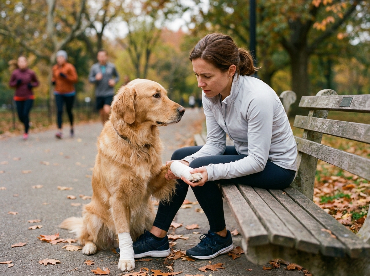 Femme agenouillée soignant la patte bandée de son golden retriever dans un parc en automne